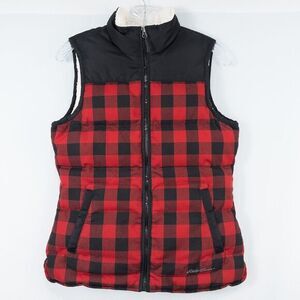 Eddie Bauer EB650 Fleece Lined Down Vest Womens XS Red Buffalo‎ Plaid Pockets